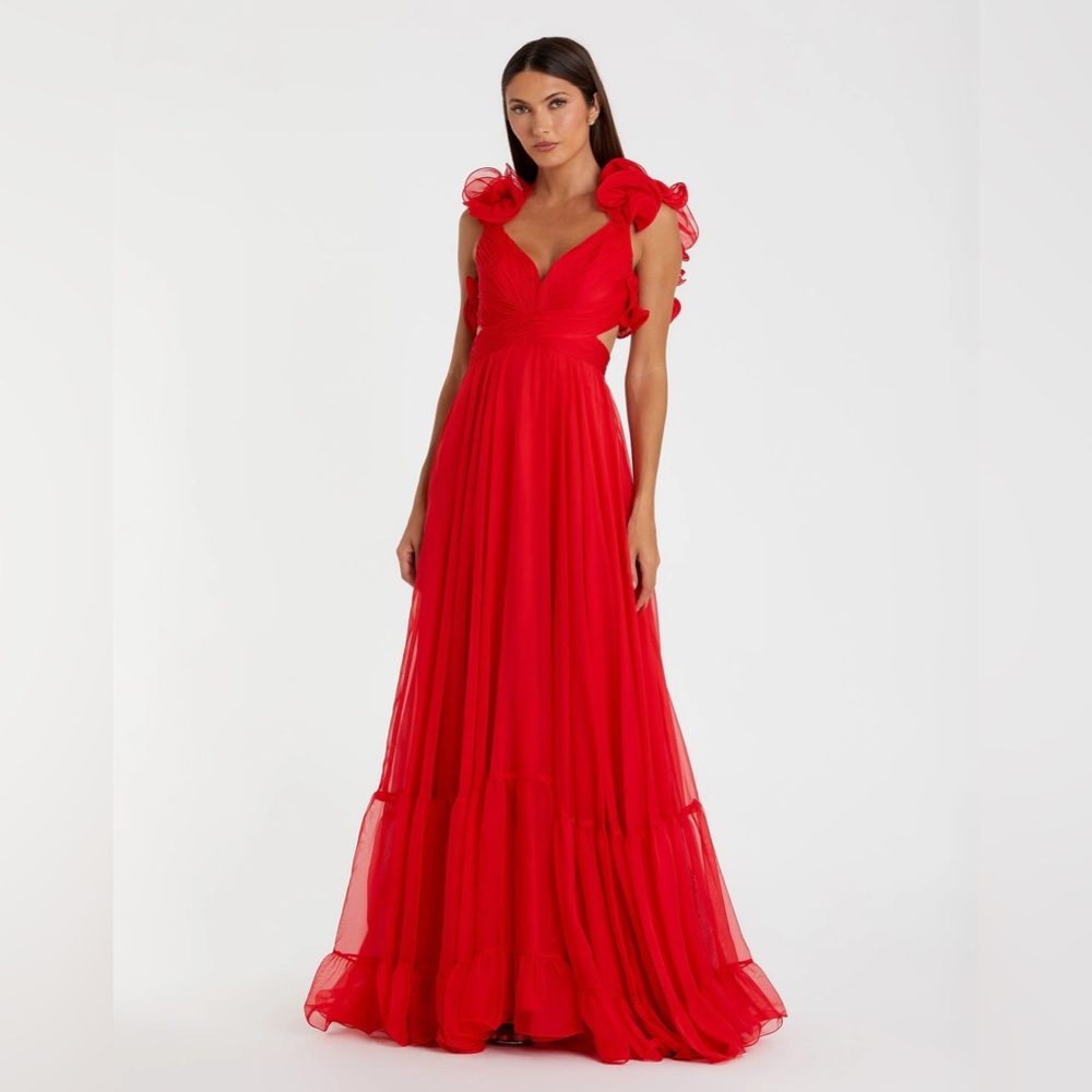 Mac Duggal Red Pleated Gown with Flutter Cap Sleeves